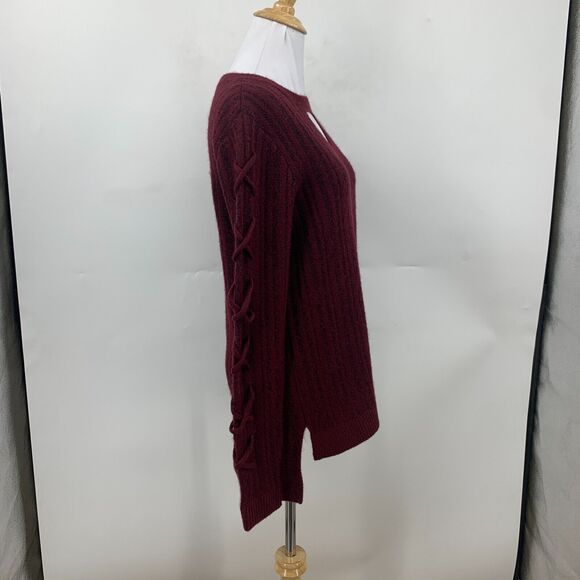 Rock & Republic Cutout Sweater Women XS Extra Small Maroon Lace Up Sleeve Chunky - Picture 4 of 14